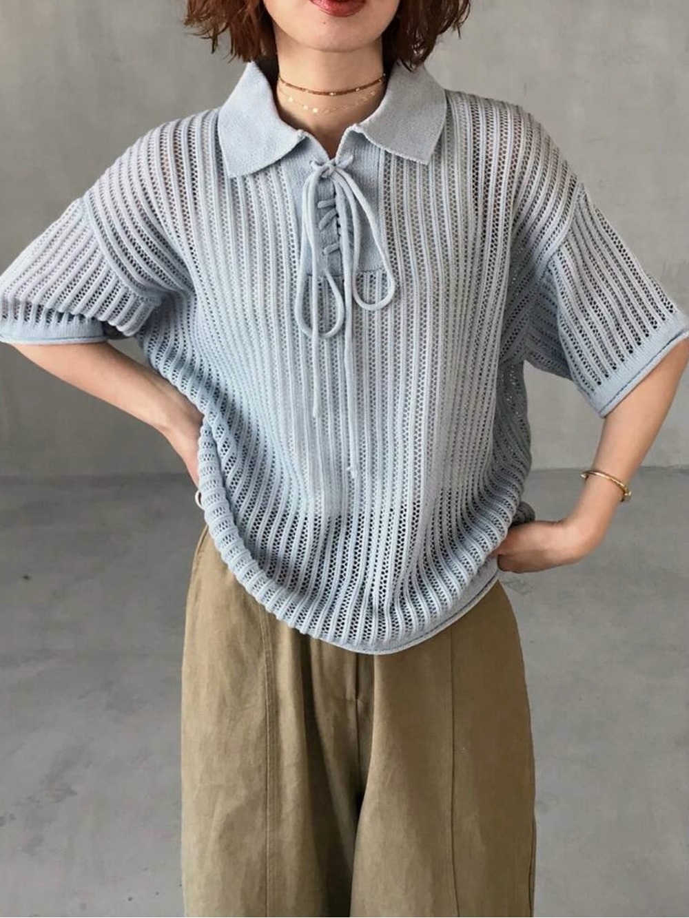 Light Blue Knit Polo Short Sleeve Top